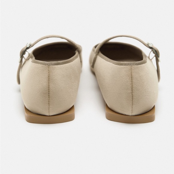 Zara Flat ballet Velvet Mary Jane Shoes Buckled strap comfort Sole Taupe Neutral - Picture 9 of 15